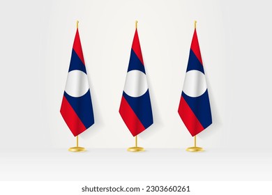 Three Laos flags in a row on a golden stand, illustration of press conference and other meetings. Vector illustration.
