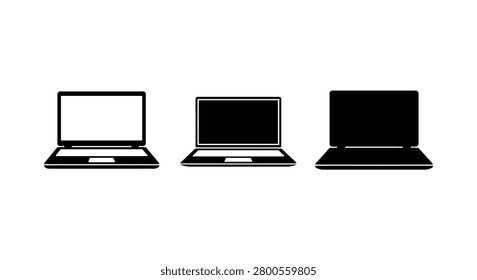Three laptop computer silhouettes in a row a minimalist black and white graphic silhouette notebook portable computing device