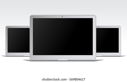 Three laptops with blank black screens isolated on white background. Mockup laptop Macbook air. Vector illustration.