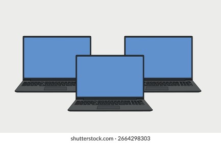 Drei Laptops mit leerem blauen Bildschirm. Realistisches Modell oder Vorlage, einzeln auf weißem Hintergrund. Computer und Technik. Vektorgrafik-Design