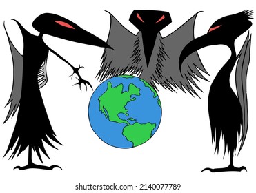 Three large, black, monster-like birds stand around our planet earth, one of the birds points to our planet earth with its claw. The concept of evil. Psychedelic hallucinations. Freehand drawing.