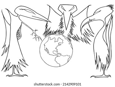 Three large, black, monster-like birds stand around our planet earth, one of the birds points to our planet earth with its claw. The concept of evil. Psychedelic hallucinations. Freehand drawing.