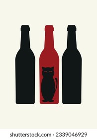 Three large bottles of wine and a small cat. Funny print design, home or bar decoration