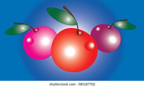 Three large cherry with glare isolated gradient background.