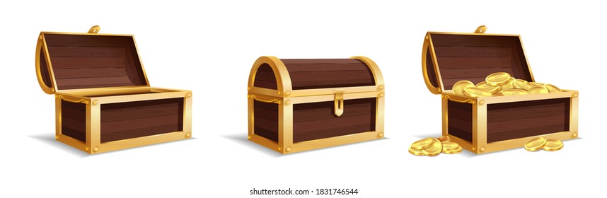 Three large chests. Empty closed chest pile of bright golden coins inside vintage wooden trunk, medieval mystery pirate treasure, prize profit or success symbol vector isolated set on white background