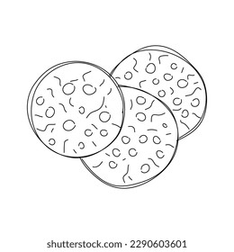 Three large chocolate chip cookies. Hand drawn vector illustration.