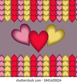 Three large colored hearts on the background of small hearts, creating a festive mood