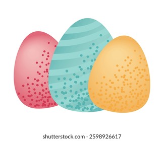 Three large colorful Easter eggs in closeup view with decorative texture. Festive holiday design. Easter celebration and springtime holidays.
