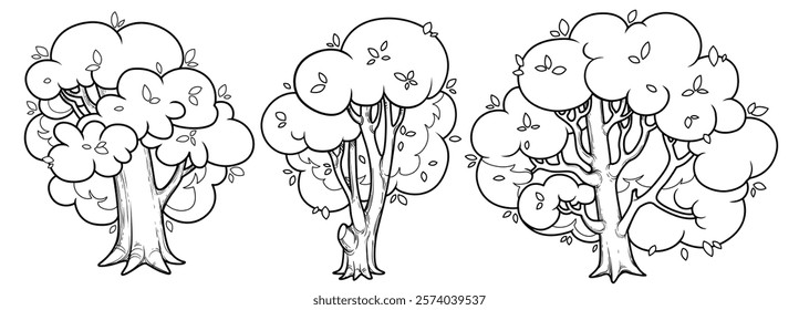 Three large deciduous trees with a lush crown outlined  for coloring page isolated on white background