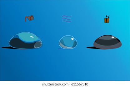 Three large drops of different substances. The image of the aggregate state of substances. Applicable to logos, scientific simplified images for various mining companies and natural resources.