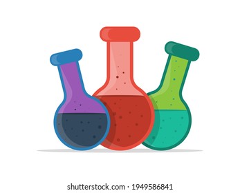 Three large flasks with multi-colored liquids on a white background. Vector illustration in a flat style.