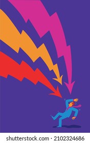 Three large lightning arrows are flashing down to a man, who tries to defend himself from them