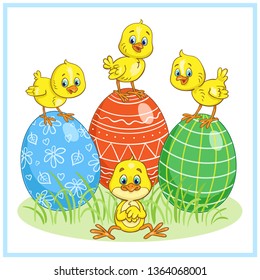 Three large painted eggs and four little funny chickens. Easter card in cartoon style. Isolated on a white background. Vector illustration