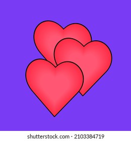 Three large red hearts on a purple background. A simple image of hearts. St. Valentine's Day.