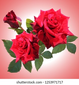 three large red roses are low poly