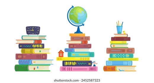 Three large stacks of books with toys, clock and globe on top. In cartoon style. Isolated on white background. Vector flat illustration