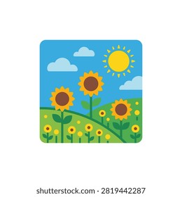 Three large sunflowers stand tall in a field of smaller sunflowers under a bright sun and blue sky with clouds