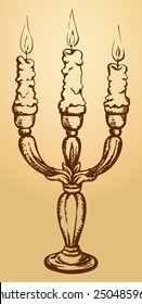 Three large wax blazing candle on old-fashioned baroque elegant brass sconce. Vector monochrome freehand sketchy linear ink drawn background in antiquity style pen on paper with space for text