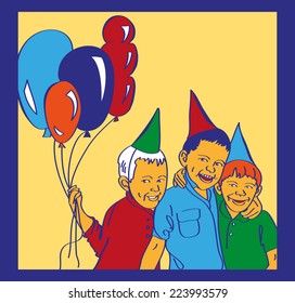 three laughing boy with balloons in the blue box