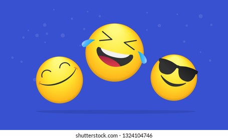 Three laughing emoticons bright vector concept illustration of smiling emoji icons for chat, messengers and networks. Flat positive heads emotions symbol isolated on blue neon background