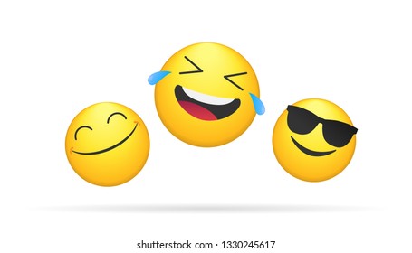 Three laughing emotions bright vector concept illustration of smiling emoji icons for chat, messengers and networks. Flat positive heads emotions symbol isolated on white background