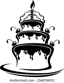 three layer cartoon type birthday icing cake with cherry fruits and candle on the top of the cake