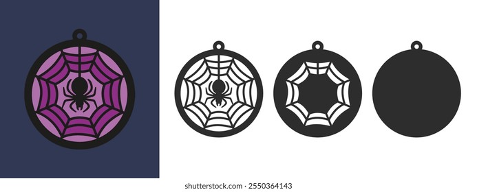 Three layered design with spider for earrings, pendant or keychain. Halloween jewelry silhouette cut template. Laser cutting with leather, wood or metal