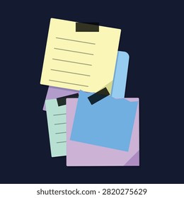 Three layered documents in yellow, blue, and green tones with black sticky notes, arranged in a casual stack.