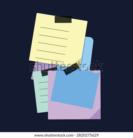 Three layered documents in yellow, blue, and green tones with black sticky notes, arranged in a casual stack.