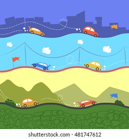 Three layers of different backgrounds with lots of cars.