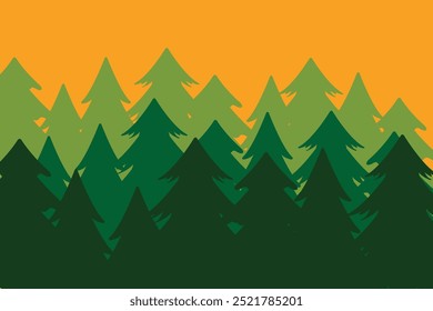 Three Layers of Green Pine Tree Silhouette on Orange Background