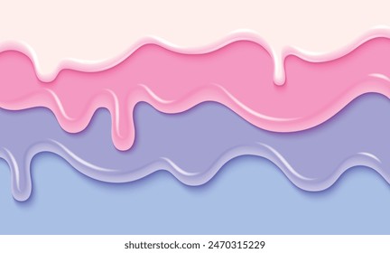 Three layers of pastel colored candy or ice cream drip. Realistic 3d vector illustration of sweet dessert border with melted flowing icing. White, pink and blue liquid glaze and delicious frosting.