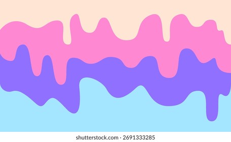 Três camadas de doces de cor pastel ou sorvete gotejamento. Borda de sobremesa doce com gelo derretido fluindo. Creme, cor-de-rosa e azul líquido esmalte e deliciosa geada