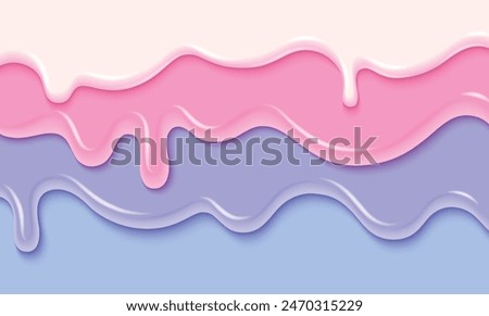 Three layers of pastel colored candy or ice cream drip. Realistic 3d vector illustration of sweet dessert border with melted flowing icing. White, pink and blue liquid glaze and delicious frosting.