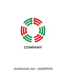 Three layers of red and green arrows spinning. Logo design template. Recycle logo concept isolated on white background