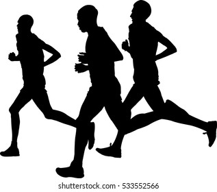 three leaders man runners running sports marathon. black silhouette vector illustration