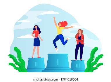 Three leaders standing on podium. Winner celebrating success, second and third place flat vector illustration. Competition, prize, success concept for banner, website design or landing web page