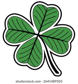 Three leaf clover is bordered by white and thick black outline, representing St Patricks day. The clover features a stem and vein line details. Transparent background adds versatility.
