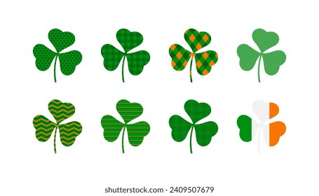 Three leaf clover with different textures flat set. St. Patrick's Day design elements