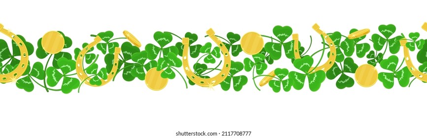 Three leaf clover, golden horseshoe and coins seamless background for Patrick's day