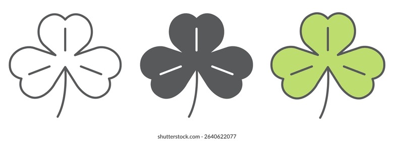 Three leaf clover icon collection, St. Patricks day and holiday, shamrock vector icon set, vector graphics, editable stroke outline sign, eps 10