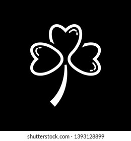 Three leaf clover icon. white shamrock isolated on black background. Suitable for web site page and mobile app design vector element.