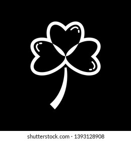 Three leaf clover icon. white shamrock isolated on black background. Suitable for web site page and mobile app design vector element.