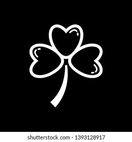 Three leaf clover icon. white shamrock isolated on black background. Suitable for web site page and mobile app design vector element.
