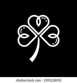 Three leaf clover icon. white shamrock isolated on black background. Suitable for web site page and mobile app design vector element.