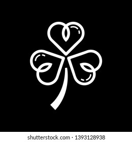 Three leaf clover icon. white shamrock isolated on black background. Suitable for web site page and mobile app design vector element.