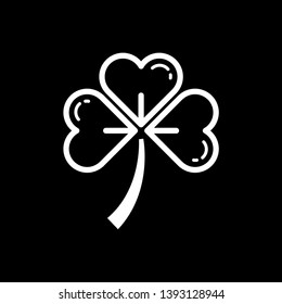 Three leaf clover icon. white shamrock isolated on black background. Suitable for web site page and mobile app design vector element.
