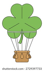 Three leaf clover shaped hot air balloon with wicker basket and sandbags, isolated vector for st patrick's day.