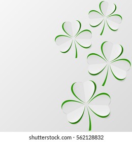 Three leaf clover. White and green paper cutout shamrock. St. Patrick's day holiday symbol. Vector illustration