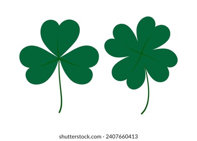 Three leaf and four leaf clover in trendy green. Design elements for stickers, icon or other uses